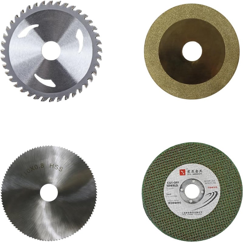 VGJ 2 in 1 Mini Table Saw-Saw blades. Four different saw blades, with a blade diameter of 110 mm, a bore diameter of 20 mm, and a maximum cutting depth of 3-30 mm, designed specifically for small saws. - Image 1